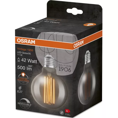 Dekoratív LED izzó E27 G95 11W = 42W 500lm 1800K meleg 320°-os izzószálas fényerőszabályzó OSRAM Vintage 1906