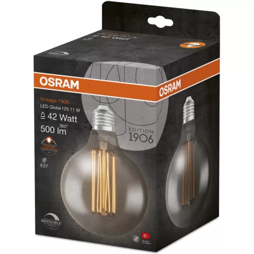 Dekoratív LED izzó E27 G125 11W = 42W 500lm 1800K , 320°-os izzószál, szabályozható OSRAM Vintage 1906