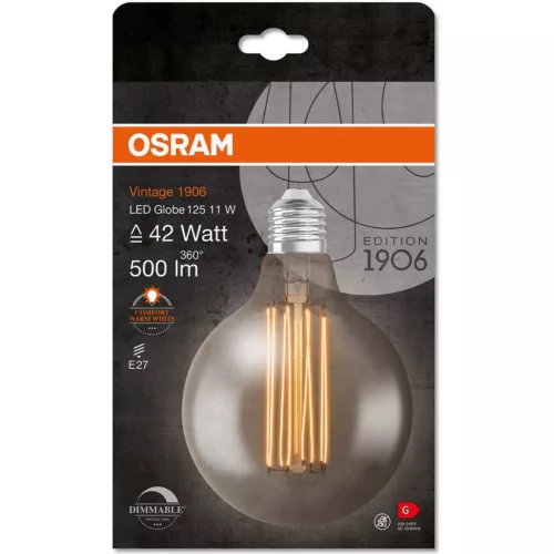 Dekoratív LED izzó E27 G125 11W = 42W 500lm 1800K , 320°-os izzószál, szabályozható OSRAM Vintage 1906