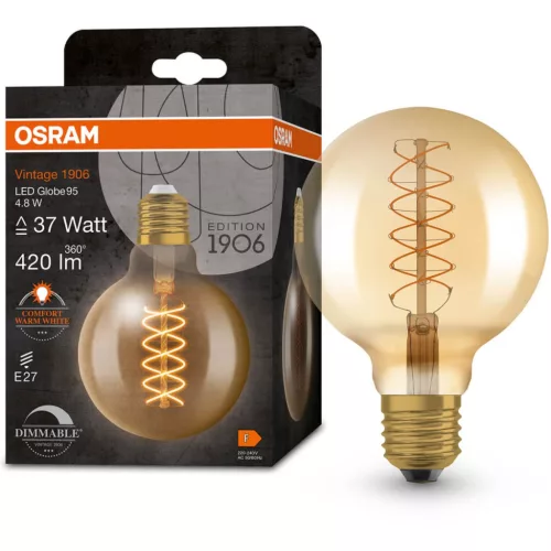 Dekoratív LED izzó E27 G95 4,8W = 37W 420lm 2200K  320°-os izzószál szabályozható