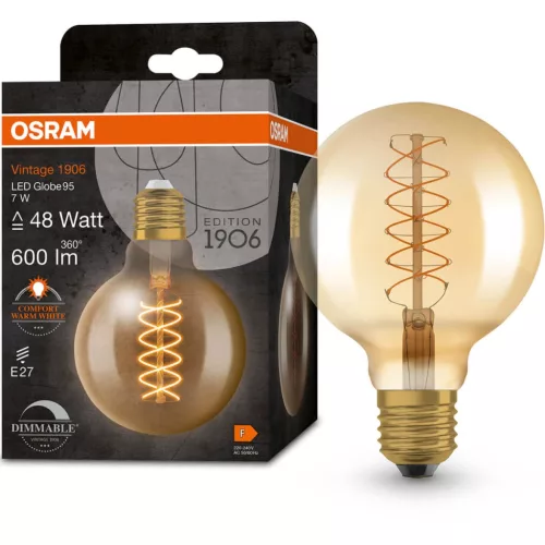 Dekoratív LED izzó E27 G95 7W = 48W 600lm 2200K , 320°-os izzószálas, szabályozható