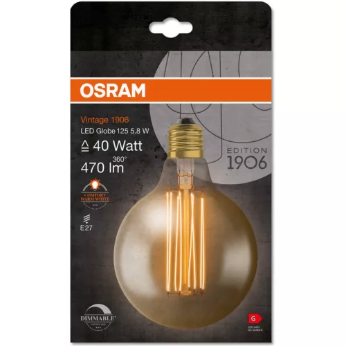 Dekoratív LED izzó E27 G125 5,8W = 40W 470lm 2200K meleg 320°-os izzószál szabályozható OSRAM Vintage 1906
