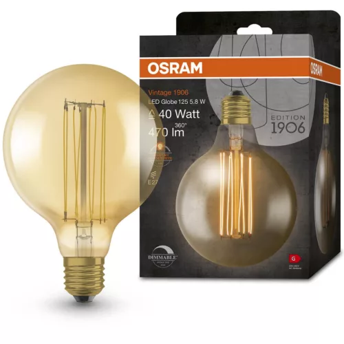 Dekoratív LED izzó E27 G125 5,8W = 40W 470lm 2200K meleg 320°-os izzószál szabályozható OSRAM Vintage 1906