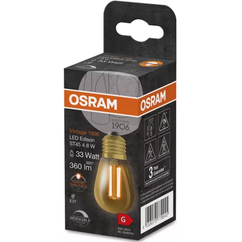 Dekoratív LED izzó E27 ST45 4,8W = 33W 360lm 2200K  320°-os izzószál szabályozható OSRAM