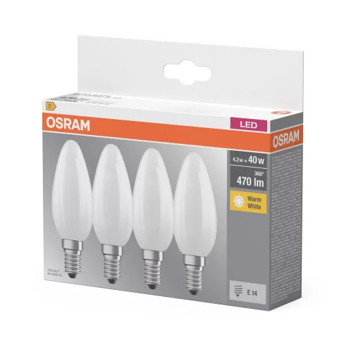 4x LED izzó B35 gyertya E14 4W = 40W 470lm 2700K Meleg 300°-os foglalat Osram
