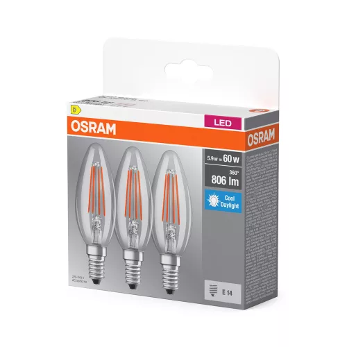 3x LED izzó B35 gyertya E14 5.9W = 60W 806lm Hideg 6500K 300° foglalat Osram