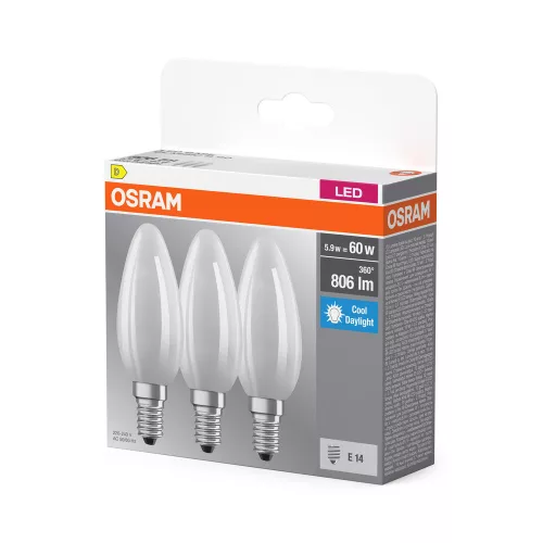 3x LED izzó B35 gyertya E14 5.9W = 60W 806lm 6500K Hideg 300° foglalat Osram