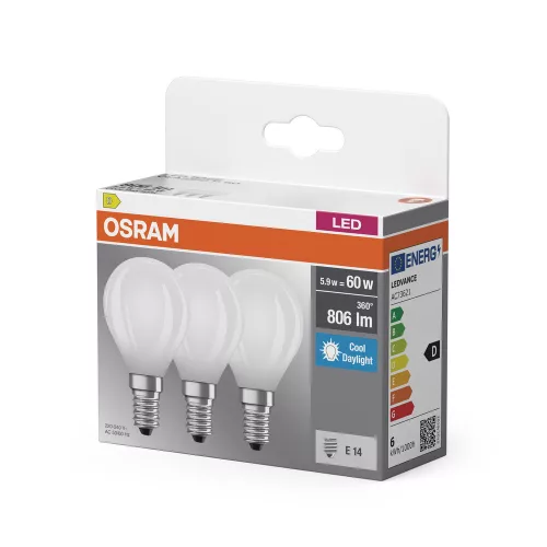 3x LED izzó P45 gömb E14 5.9W = 60W 806lm 6500K Hideg 300° foglalat Osram