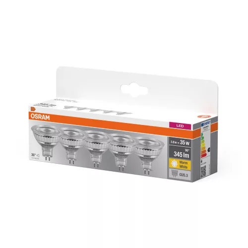 5x LED izzó MR16 reflektor GU5.3 3.8W = 35W 345lm 2700K meleg fehér 12V 36°-os foglalat Osram