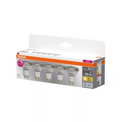 5x LED izzó PAR16 spotlámpa GU10 3.4W = 35W 230lm 2700K Meleg CRI90 36° Szabályozható foglalat Osram