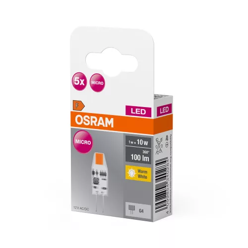 5x LED izzó kapszula G4 1W = 10W 100lm 2700K Meleg 12V 320° foglalat Osram