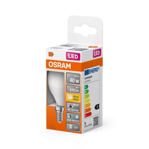 LED izzó P45 gömb alakú E14 4.9W = 40W 470lm 2700K Meleg CRI>97 180° CLASSIC Osram