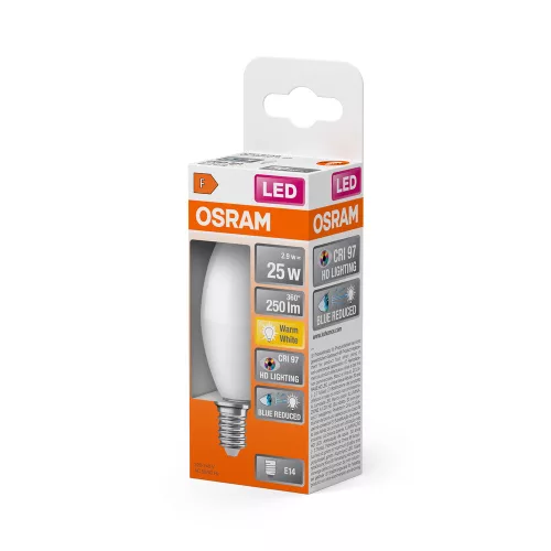 LED izzó B37 gyertya E14 2.9W = 25W 250lm 2700K Meleg CRI>97 200° CLASSIC Osram