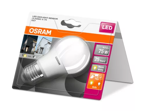 LED izzó A60 E27 10W = 75W 1055lm 2700K Meleg 240° alkonyszenzorral Classic Osram