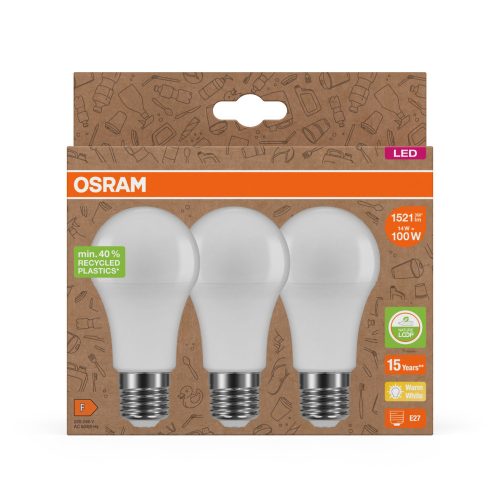 3x LED izzó A60 E27 14W = 100W 1521lm 2700K Meleg 200° Osram PCR LÁMPÁK
