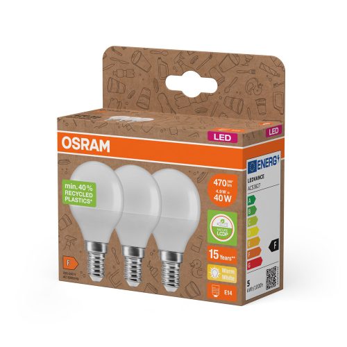 3x LED izzó P45 gömb E14 4.9W = 40W 470lm 2700K Meleg 200° Osram PCR lámpák