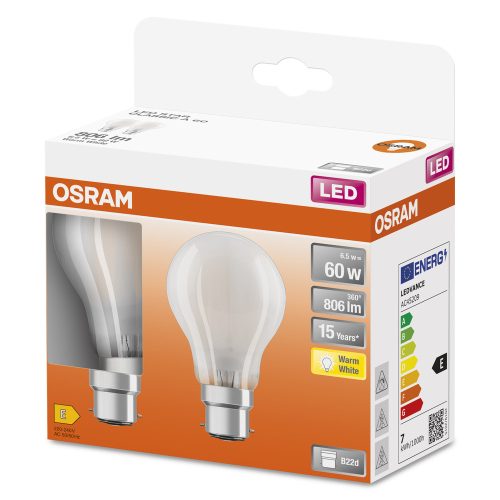 2x LED izzó A60 B22d 6.5W = 60W 806lm 2700K Meleg 300° Retrofit Filament CLASSIC Osram