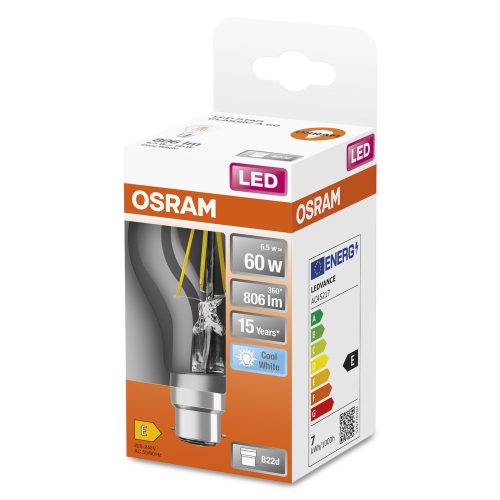 LED izzó A60 B22d 6.5W = 60W 806lm 4000K Semleges 300° Retrofit Filament CLASSIC Osram
