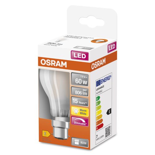 LED izzó A60 B22d 7W = 60W 806lm 2700K Meleg 300° Szabályozható Izzószálas Retrofit CLASSIC Osram