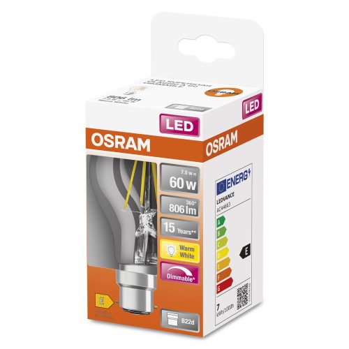 LED izzó A60 B22d 7W = 60W 806lm 2700K Meleg 300° Szabályozható Retrofit Filament CLASSIC Osram
