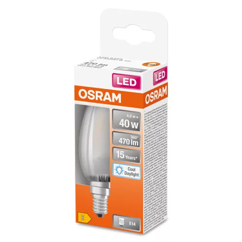 LED izzó B35 gyertya E14 4W = 40W 470lm Hideg 6500K 300° Retrofit Filament CLASSIC Osram