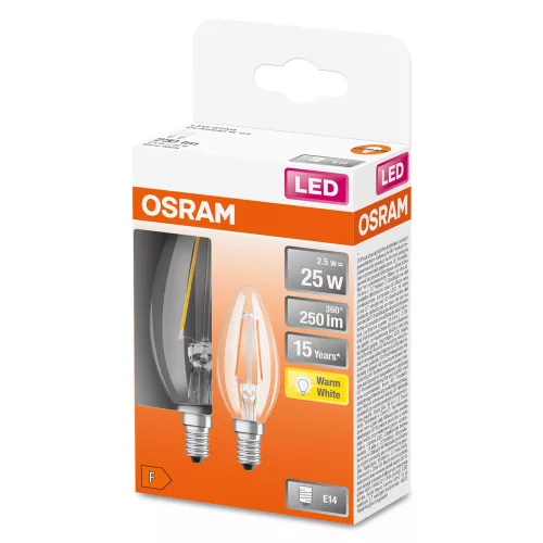 2x LED izzó B35 gyertya E14 2.5W = 25W 250lm Meleg 2700K 300° Retrofit Filament CLASSIC Osram