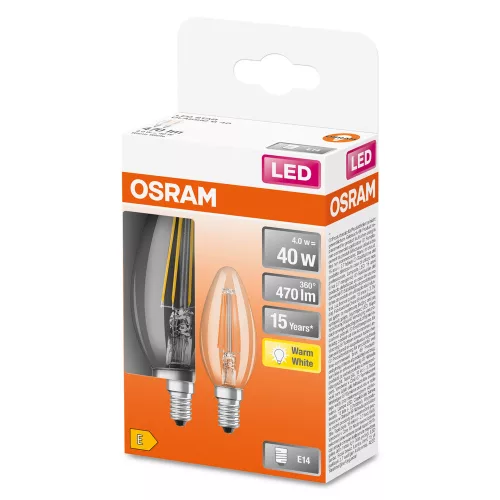 2x LED izzó B35 gyertya E14 4W = 40W 470lm Meleg 2700K 300° Retrofit Filament CLASSIC Osram