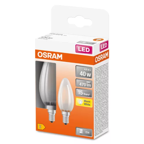 2x LED izzó B35 gyertya E14 4W = 40W 470lm 2700K Meleg 300° Retrofit Filament CLASSIC Osram
