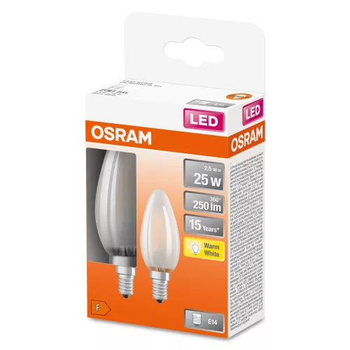 2x LED izzó B35 gyertya E14 2.5W = 25W 250lm 2700K Meleg 300° Retrofit Filament CLASSIC Osram