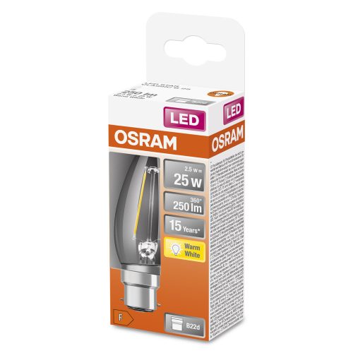 LED izzó B35 gyertya B22d 2.5W = 25W 250lm Meleg 2700K 300° Retrofit Filament CLASSIC Osram