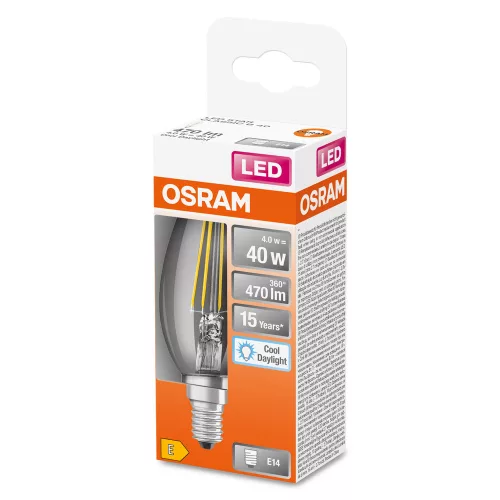 LED izzó B35 gyertya E14 4W = 40W 470lm 6500K Hideg 300° Retrofit Filament CLASSIC Osram