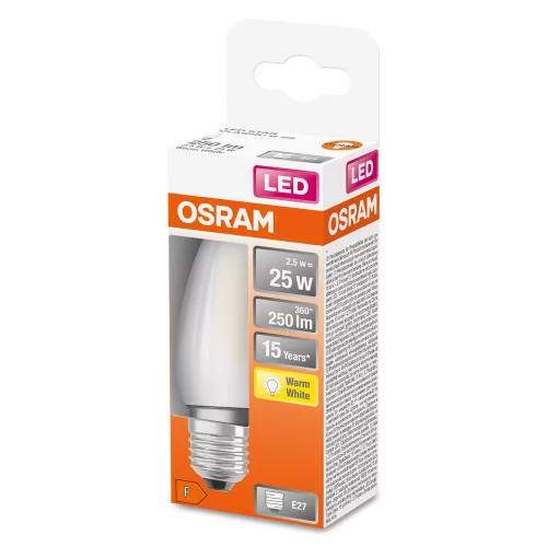 LED izzó B35 gyertya E27 2.5W = 25W 250lm 2700K Meleg 300° Retrofit Filament CLASSIC Osram