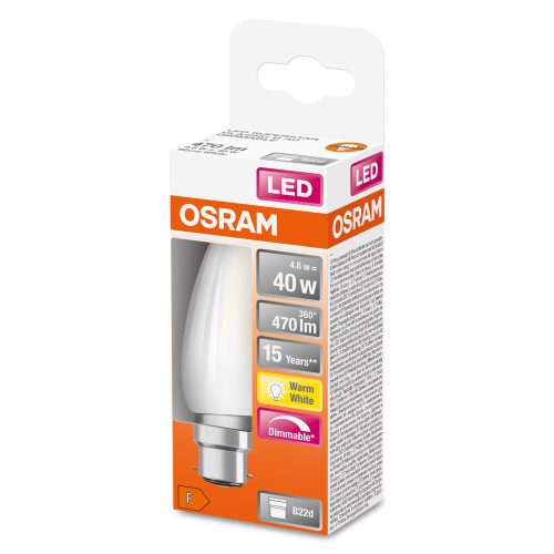 LED izzó B35 gyertya B22d 4.8W = 40W 470lm 2700K Meleg 300° Szabályozható Retrofit Filament CLASSIC Osram