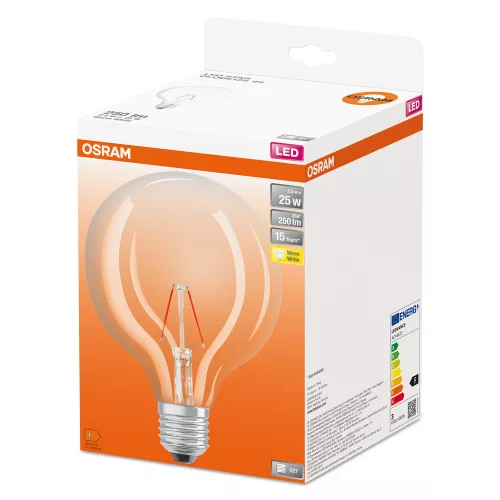 LED izzó G125 gömb alakú E27 2,5 W = 25 W 250 lm 2700 K Meleg 300° Retrofit Filament CLASSIC Osram