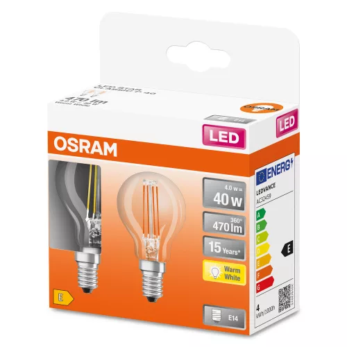 2x LED izzó P45 gömb alakú E14 4W = 40W 470lm 2700K Meleg 300° Retrofit Filament CLASSIC Osram