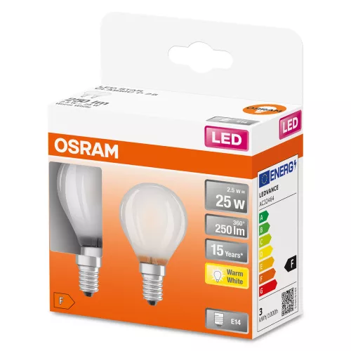 2x LED izzó P45 gömb alakú E14 2.5W = 25W 250lm 2700K Meleg 300° Retrofit Filament CLASSIC Osram