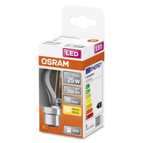 LED izzó P45 gömb alakú B22d 2.5W = 25W 250lm 2700K Meleg 300° Retrofit Filament CLASSIC Osram