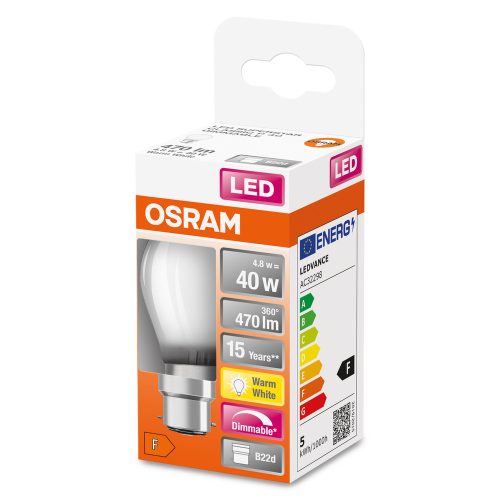 LED izzó P45 gömb alakú B22d 4.8W = 40W 470lm 2700K Meleg 320° Szabályozható Retrofit Filament CLASSIC Osram