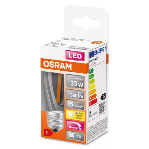 LED izzó ST45 E27 4.8W = 33W 360lm 2200K Meleg 320° Szabályozható Retrofit Filament CLASSIC Osram
