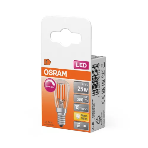 LED izzó T26 cső alakú E14 2.8W = 25W 250lm 2700K Meleg 300° Szabályozható SPECIAL Osram