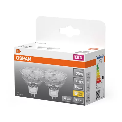 2x LED izzó MR16 reflektor GU5.3 2.6W = 20W 210lm 2700K meleg fehér 12V 36° STAR Osram