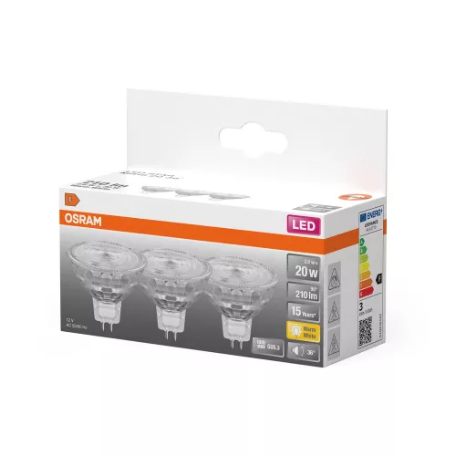 3x LED izzó MR16 reflektor GU5.3 2.6W = 20W 210lm 2700K meleg fehér 12V 36° STAR Osram