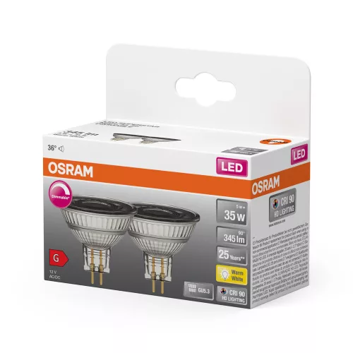 2x LED izzó MR16 reflektor GU5.3 5W = 35W 345lm 2700K Meleg CRI90 12V 36° Szabályozható SUPERSTAR Osram