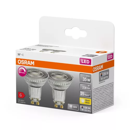 2x LED izzó PAR16 spotlámpa GU10 3.4W = 35W 230lm 2700K Meleg CRI90 36° Szabályozható SUPERSTAR Osram