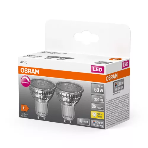 2x LED izzó PAR16 spotlámpa GU10 4,5W = 50W 350lm 2700K Meleg CRI90 36° Szabályozható SUPERSTAR Osram