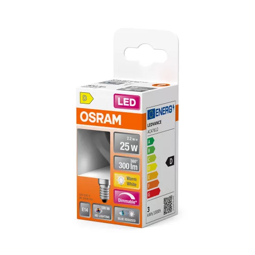 LED izzó P45 gömb alakú E14 2.2W = 25W 300lm Meleg 2700K CRI90 300° Izzószálas, szabályozható fényerejű SUPERSTAR PLUS CLASSIC Osram