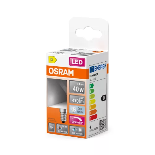 LED izzó P45 gömb alakú E14 3.4W = 40W 470lm 4000K CRI90 Semleges 300° Izzószálas, szabályozható fényerejű SUPERSTAR PLUS CLASSIC Osram