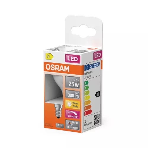 LED izzó P45 gömb alakú E14 2.2W = 25W 300lm 2700K Meleg CRI90 300° Izzószálas, szabályozható fényerejű SUPERSTAR PLUS CLASSIC Osram