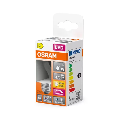 LED izzó P45 gömb alakú E27 3.4W = 40W 470lm 2700K Meleg CRI90 300° Izzószálas, szabályozható fényerejű SUPERSTAR PLUS CLASSIC Osram
