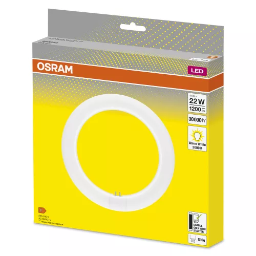 T9 LED fénycső, kör alakú, G10q, 11W = 22W, 1200lm, 3000K, meleg, 110°-os LED cső, EM, Osram